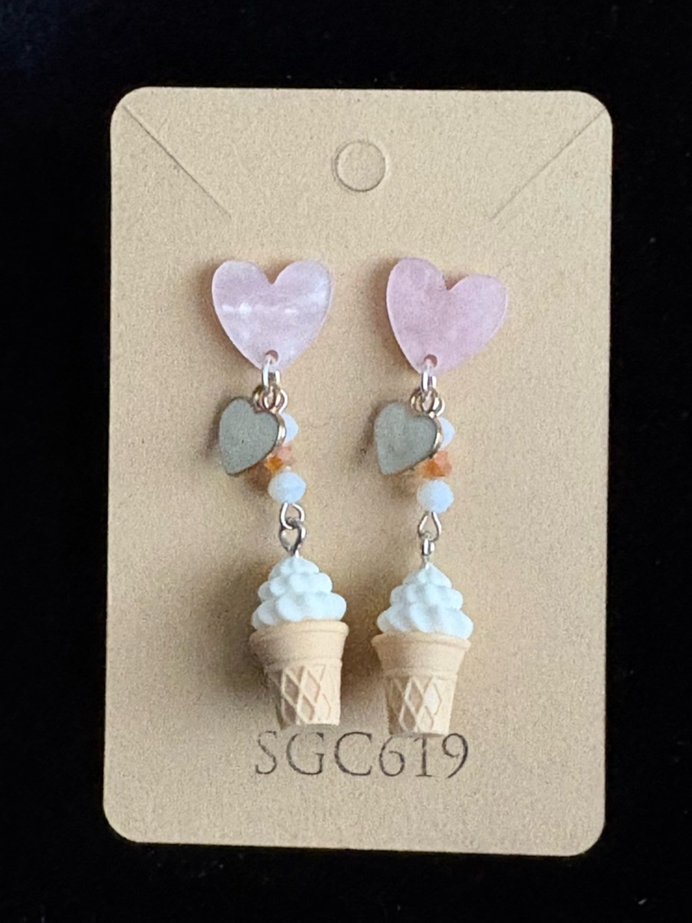 Heart Stud  Dangle Soft Vanilla Ice Cream Frozen Yogurt Cone Earrings